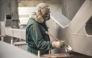 Industrial worker wearing a respirator while working on a metal surface