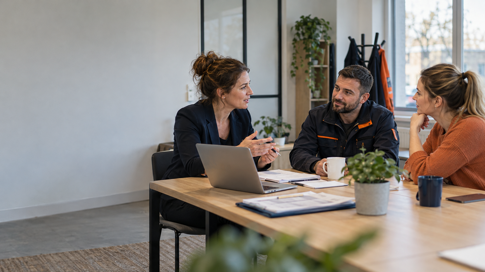 Recruitment consultant speaking with two candidates in a practical office setting